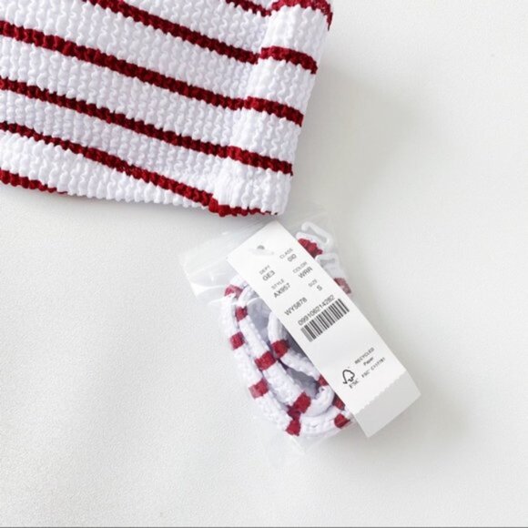 J. Crew | Scrunchie Ring Bandeau Bikini Top Stripe White Racing Red Textured New - Picture 13 of 15